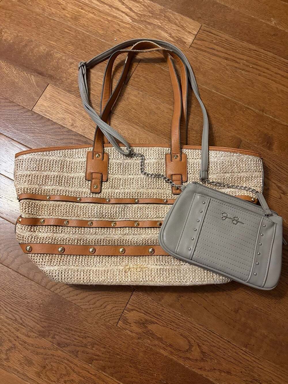 Jessica Simpson Woven Straw Tote Bag with Studded Leather Straps and Detachable